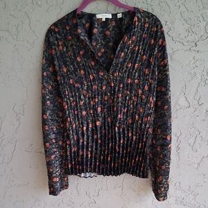 Vince Blue and Black Pleated Notched Collar Blouse